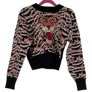 Bardot Junior Size 7-8 Black Roar Intarsia Knit Sweater Crew Neck Pullover O3-1